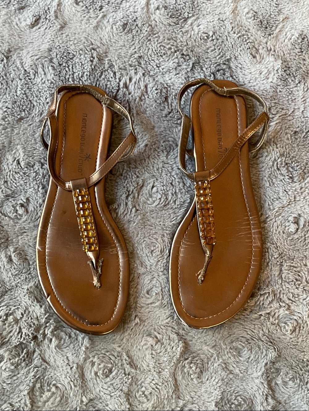 Montego Bay Club Tan Brown Beaded T-Strap Sandals